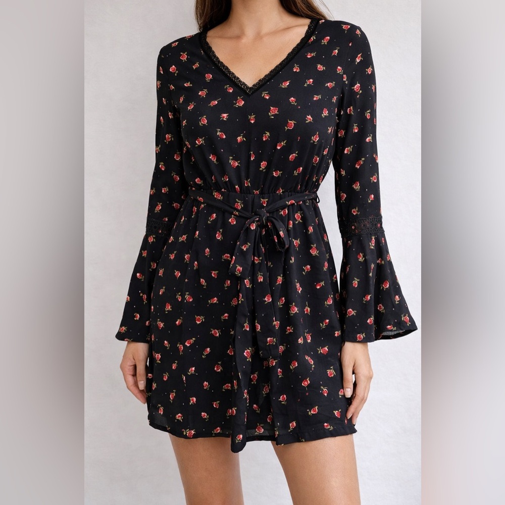 Womens S Floral Romper Dress Boho Cottagecore Bell Sleeve Tie Waist Romantic